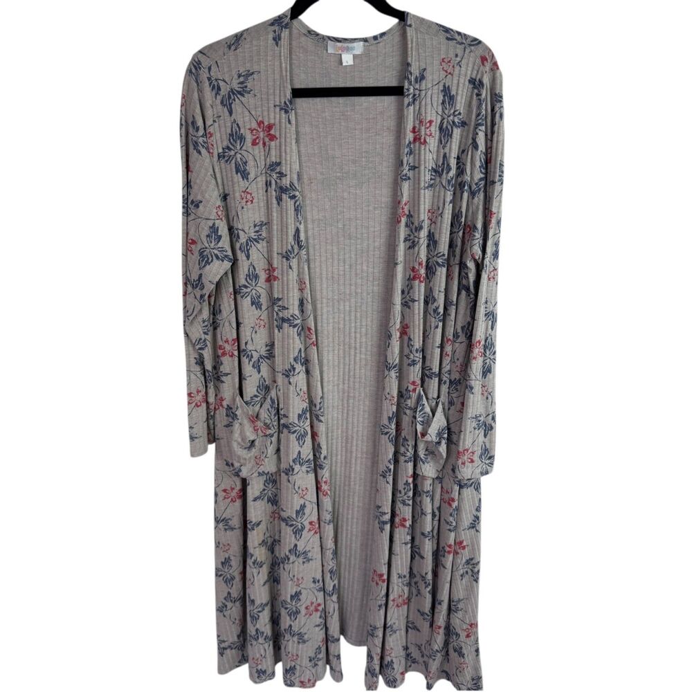 Lularoe Women's Long Duster Cardigan Sweater Size Medium Gray Floral Print